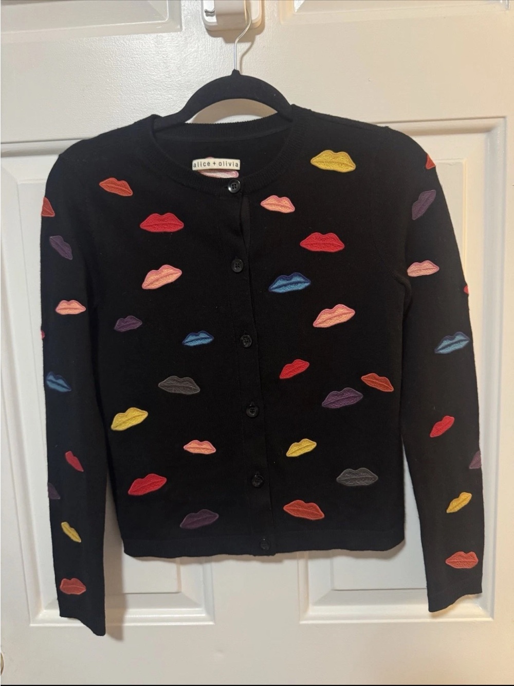 Alice + Olivia Pout Embroidered Lips Sweater Cardigan Wool Knit Top